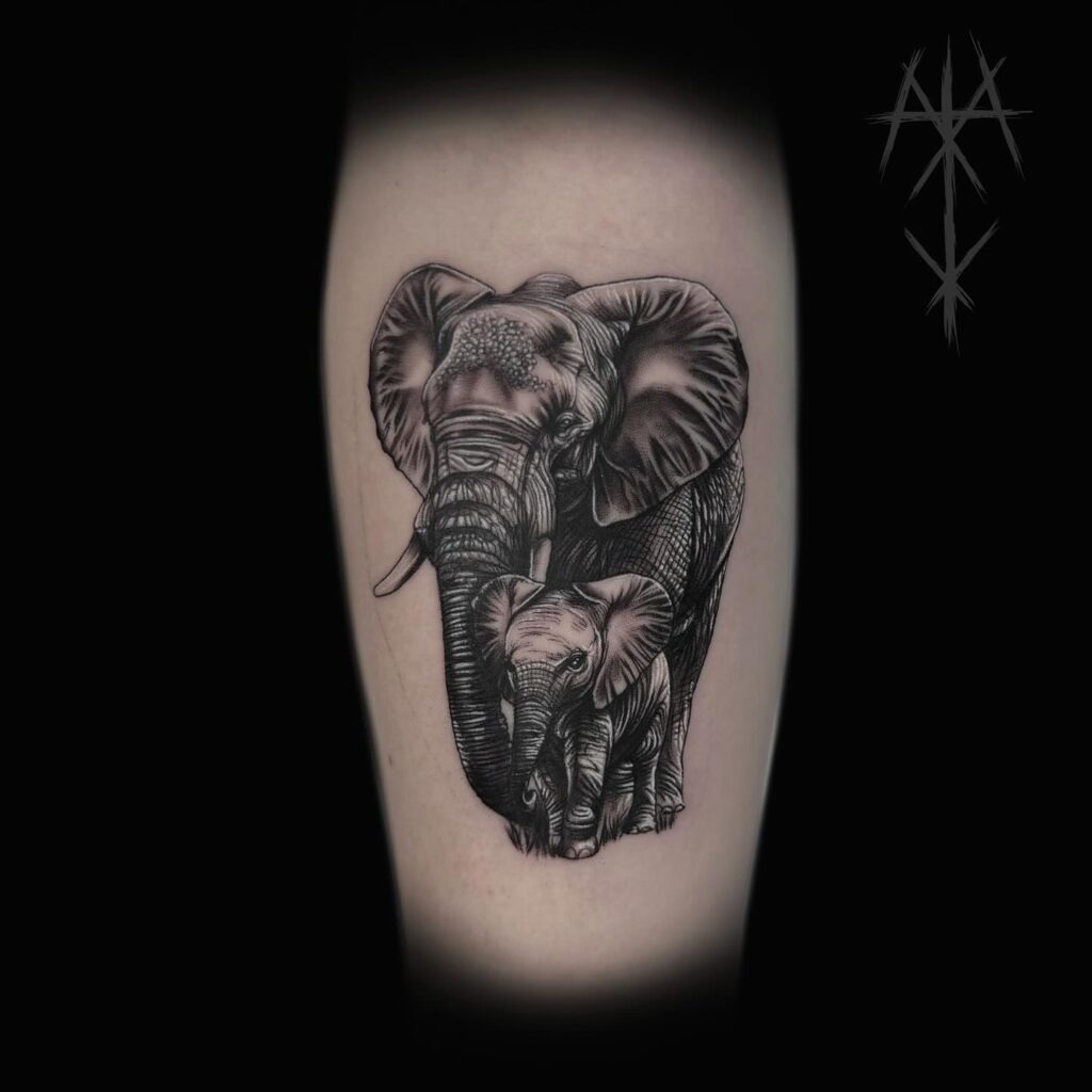 Realistic Mother and Calf Elephant Tattoo Tattoo Design