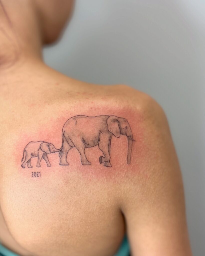 Shoulder Elephant Pair Tattoo with Date Tattoo Design