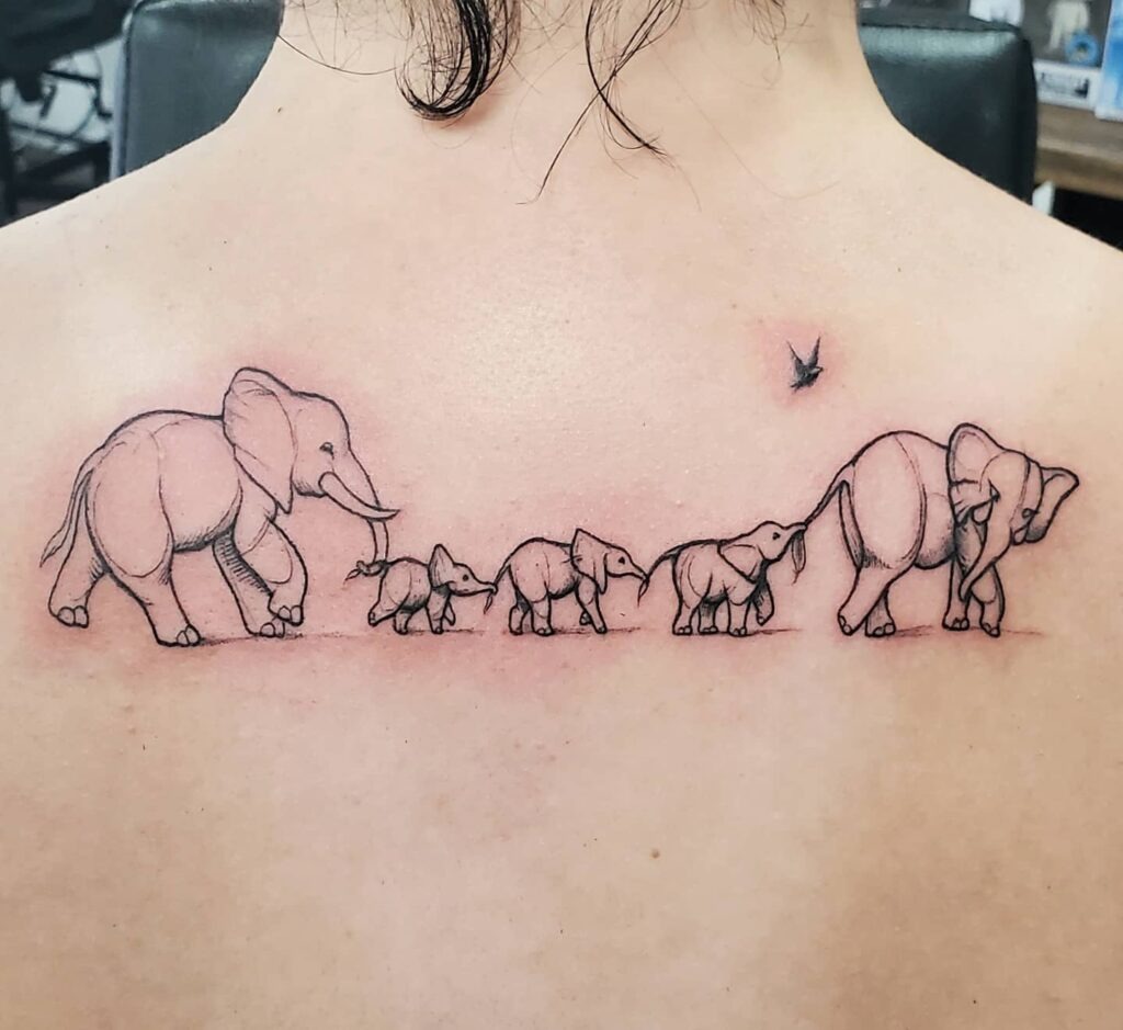 Upper Back Elephant Family Chain Tattoo Tattoo Design