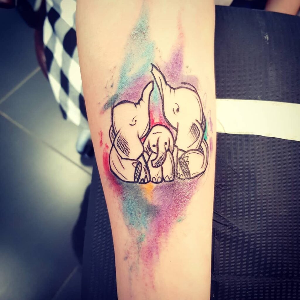 Watercolor Elephant Family Trio Tattoo Tattoo Design