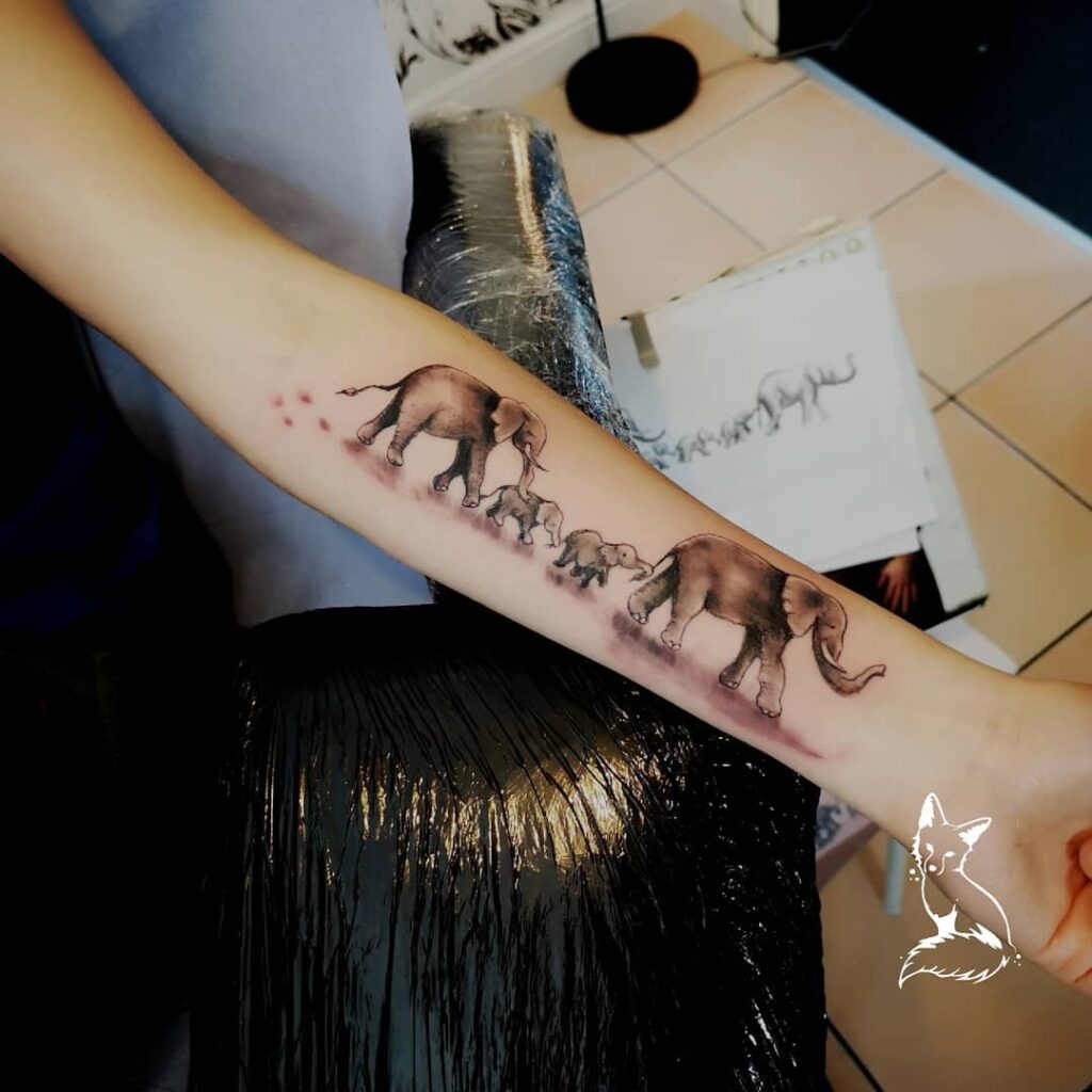 Watercolor Elephant Family Walk Tattoo Tattoo Design