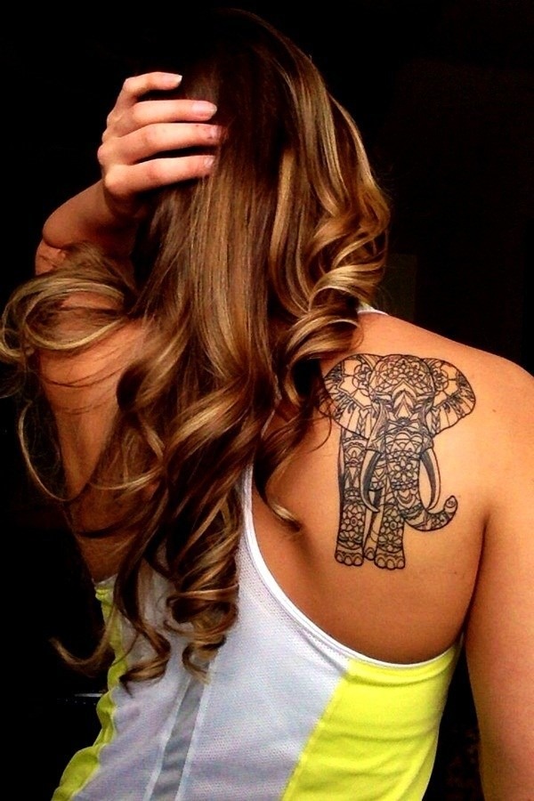 A beautifully decorated mandala elephant tattoo on the shoulder of a lady Tattoo Design