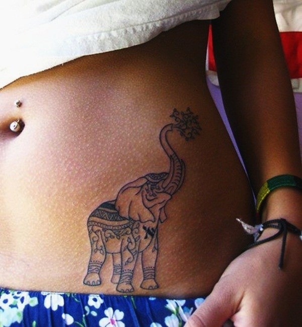 A bluish feeding elephant tattoos on the stomach Tattoo Design