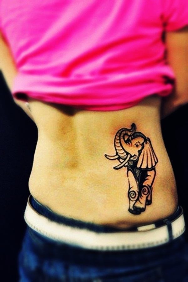 A dark simple running elephant tattoo on the stomach Tattoo Design