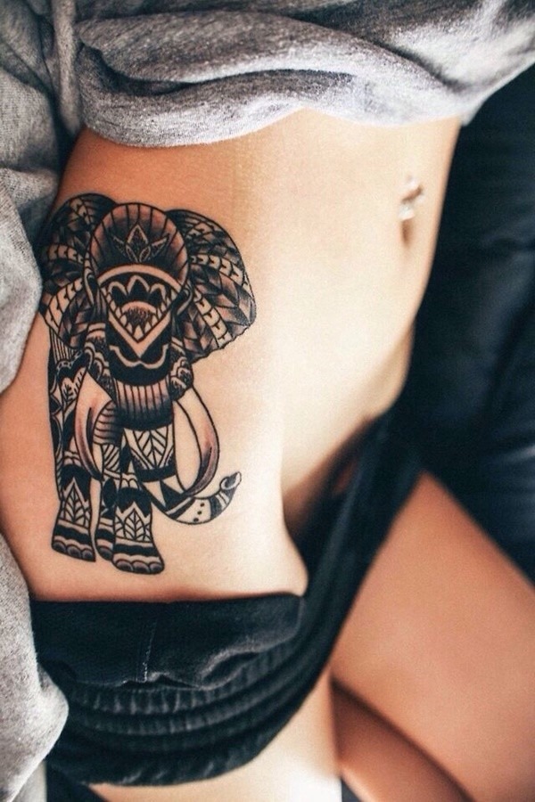 A patterned elephant tattoo on the side belly Tattoo Design