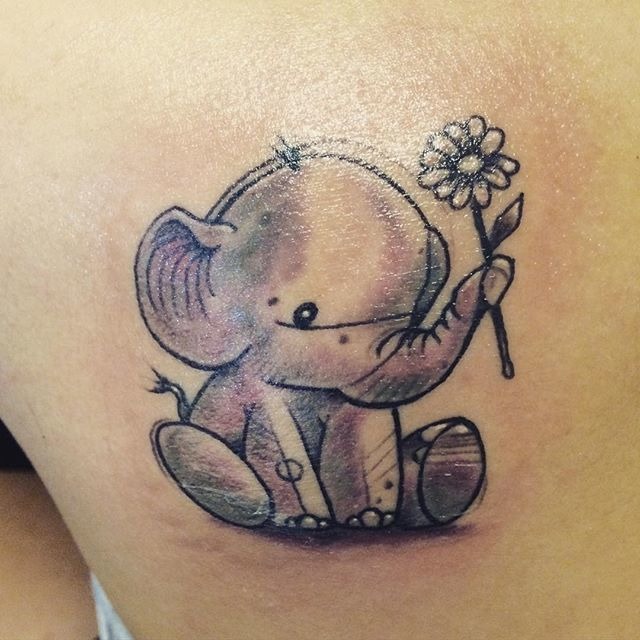 Cute Baby Elephant Tattoo with Flower Tattoo Design