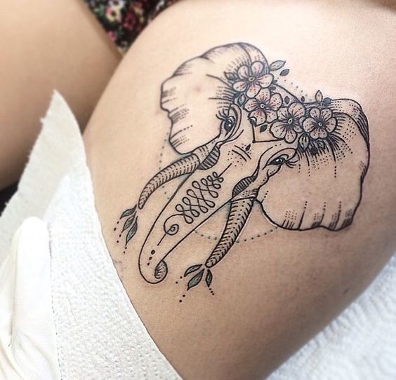 Elephant Thigh Tattoo with Flowers Tattoo Design