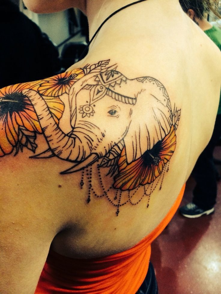 Elephant with Flowers Shoulder Tattoo Tattoo Design