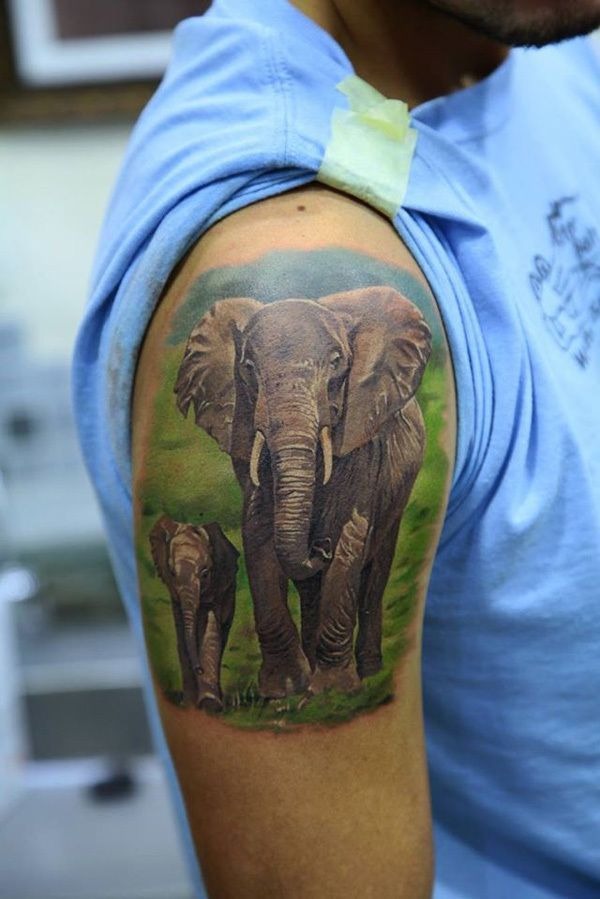 Realistic Elephant Tattoo on Upper Arm Tattoo Design