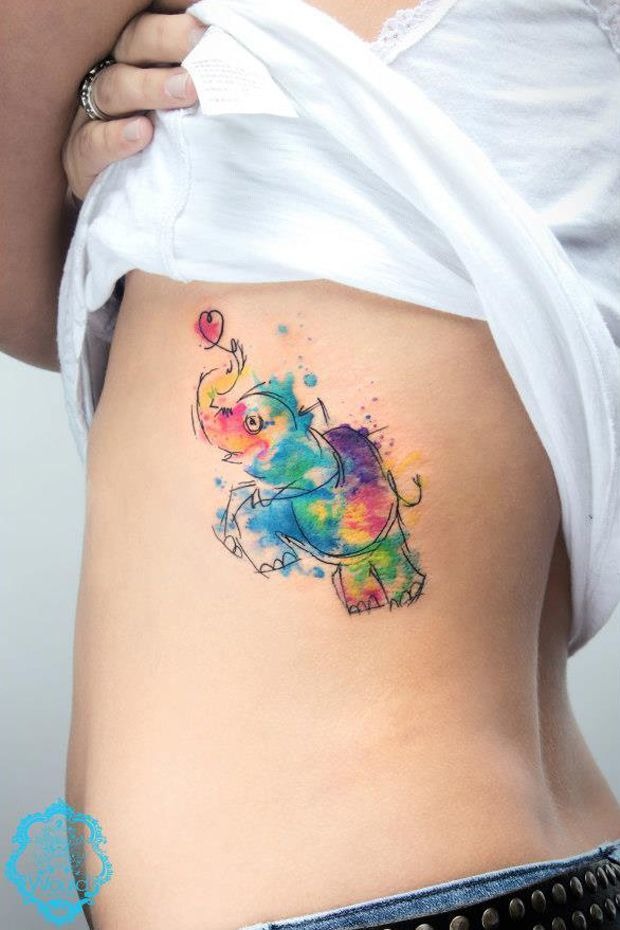 Watercolor Elephant Tattoo with Heart Balloon Tattoo Design