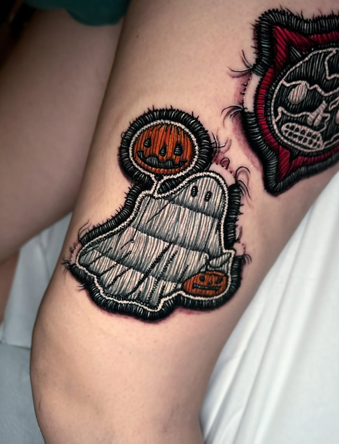 Charming ghost tattoo with Halloween pumpkins Tattoo Design