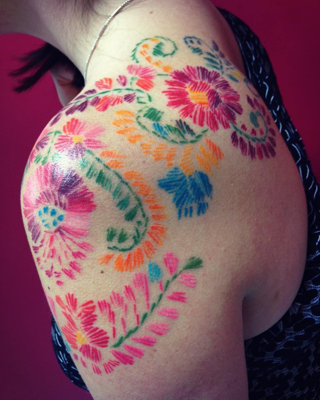 Colorful Floral Embroidery Tattoo on Shoulder Tattoo Design