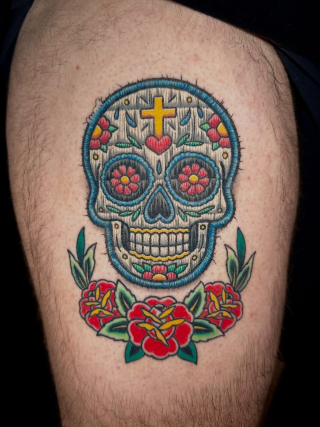 Colorful skull tattoo with floral details Tattoo Design