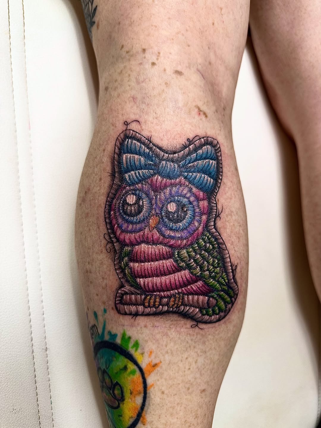 Vibrant owl embroidery tattoo with playful details Tattoo Design