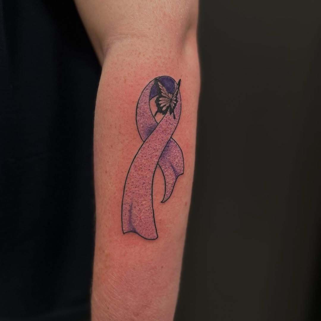 Elegant purple ribbon showcasing resilience and hope Tattoo Design