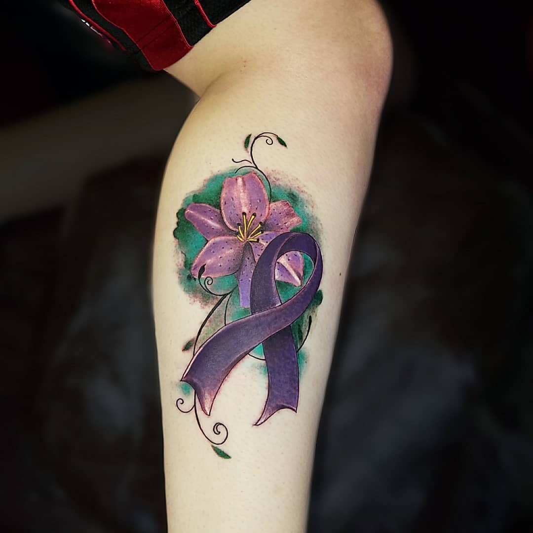 Vibrant flower with a purple ribbon tattoo Tattoo Design
