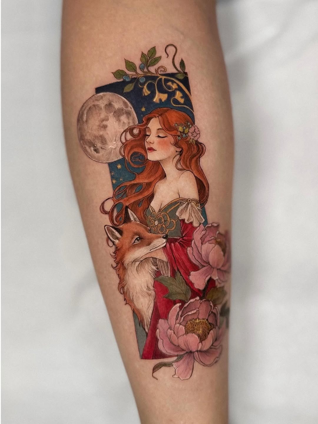 Captivating ethereal tattoo with moon and fox Tattoo Design