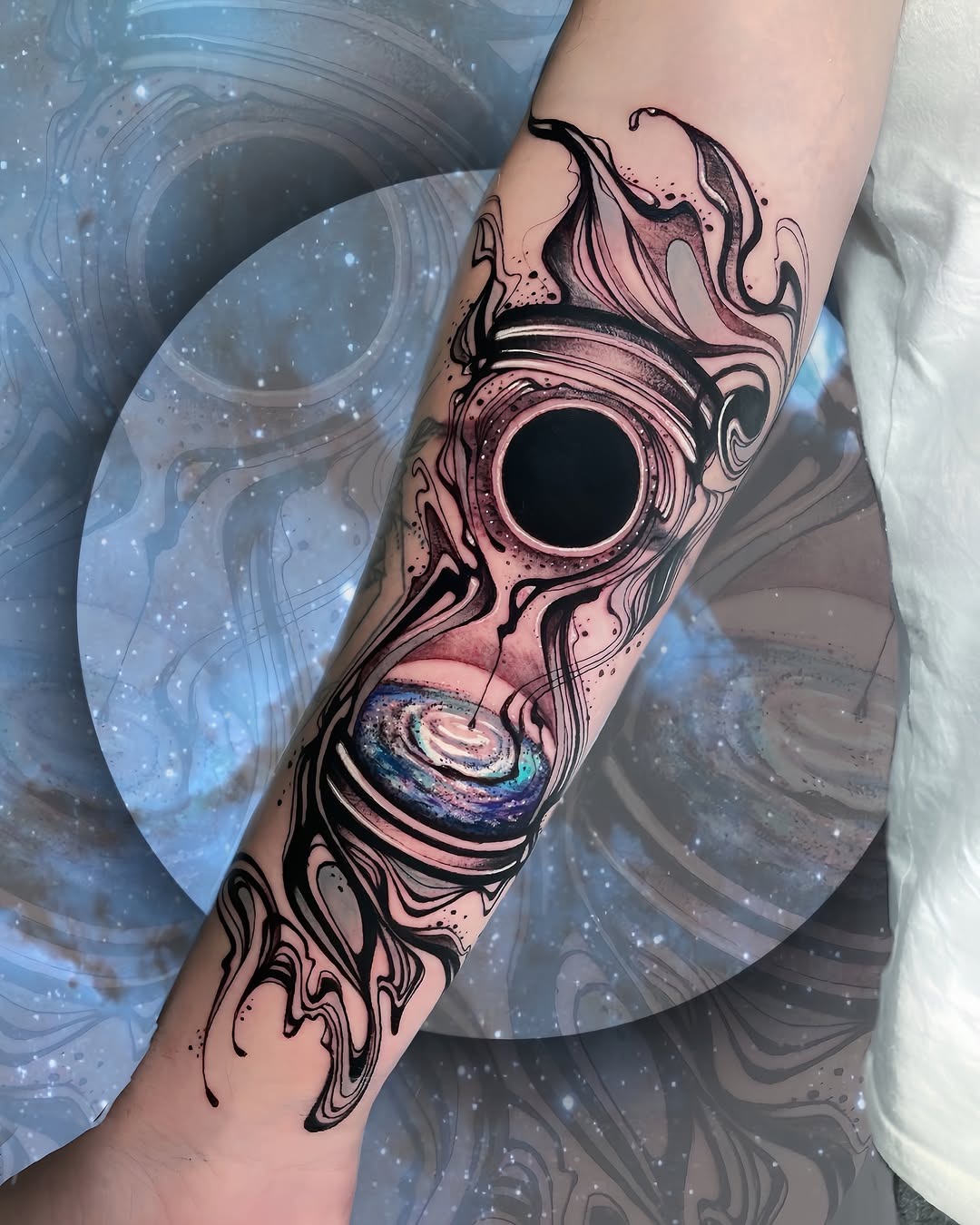 Cosmic gas mask tattoo with swirling effects Tattoo Design