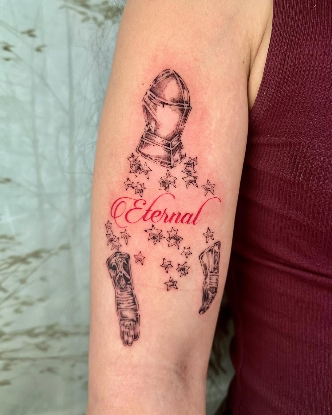 Elegant blend of armor and cosmic elements. Tattoo Design