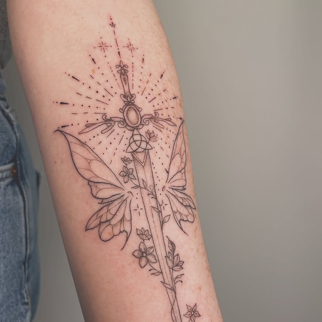 Elegant sword intertwined with celestial butterflies Tattoo Design