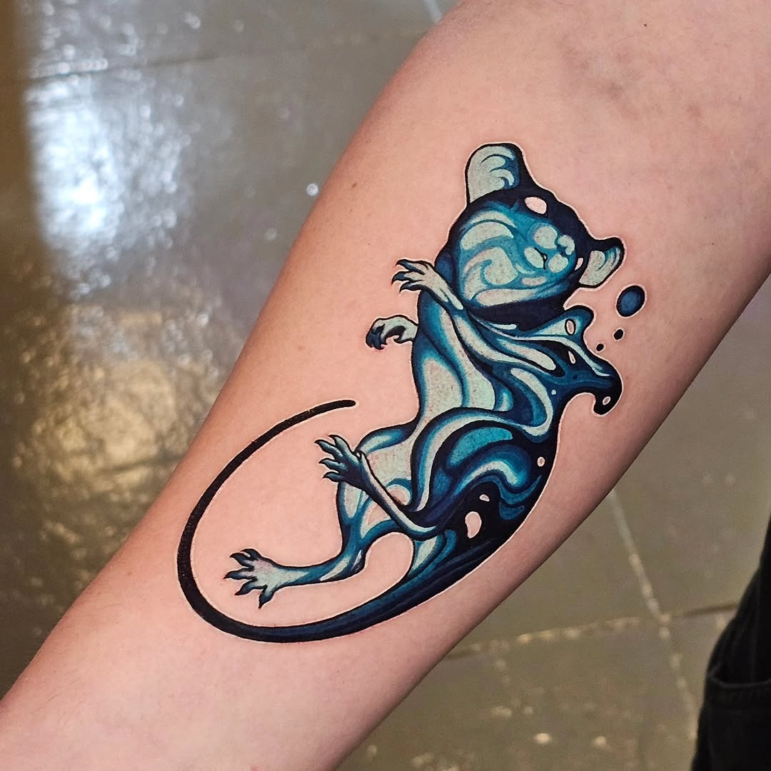 Fluid waves bring life to adorable mouse tattoo Tattoo Design