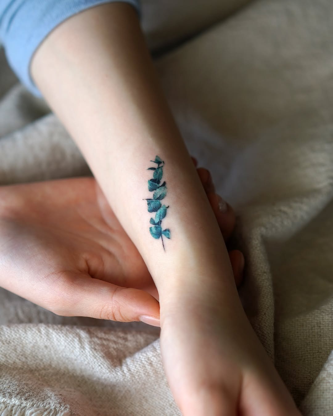 Delicate eucalyptus tattoo on a serene arm Tattoo Design