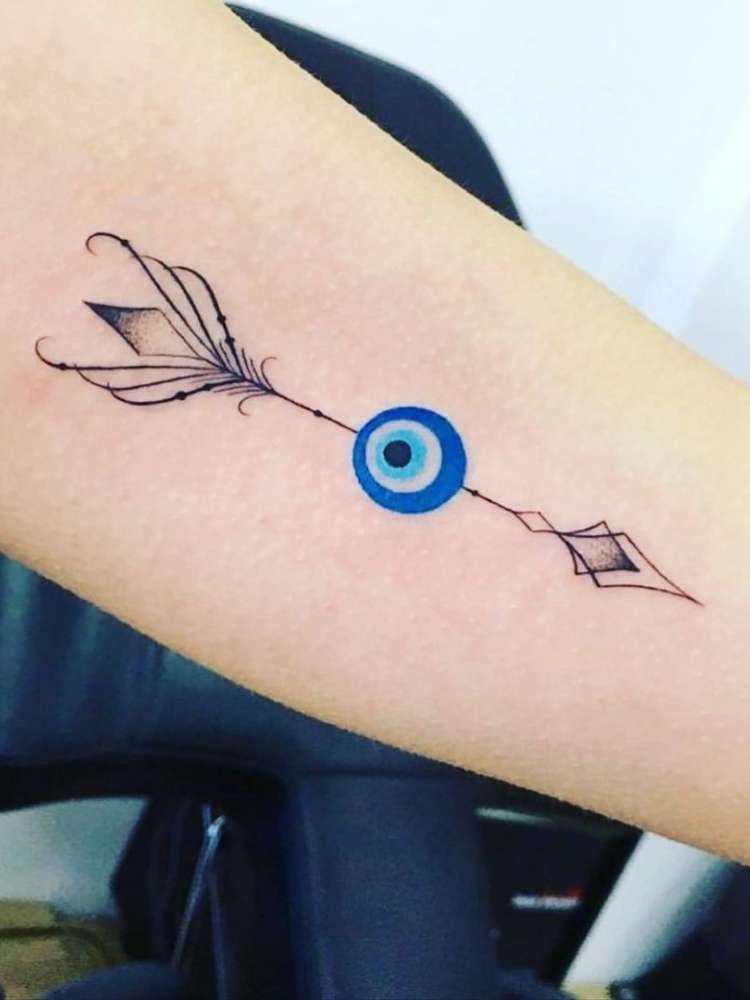 Delicate Blue Evil Eye With Arrow-Like Lines Tattoo Design
