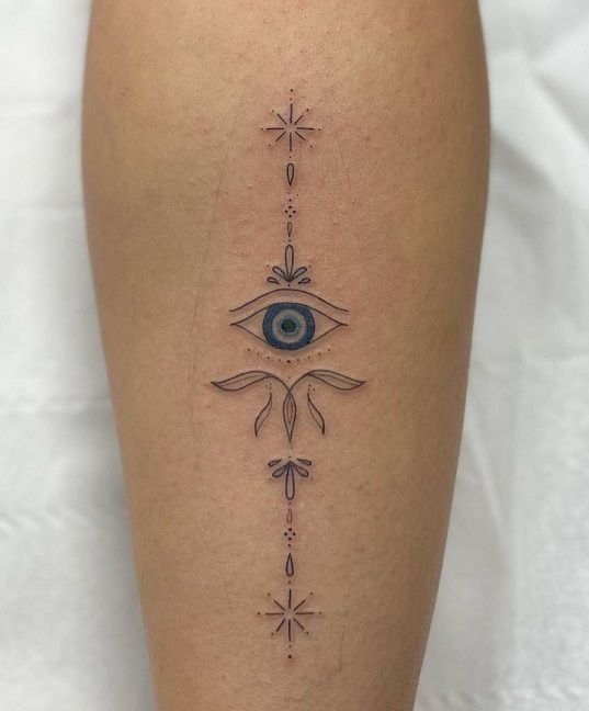 Fine Line Evil Eye With Floral Symmetry Tattoo Design