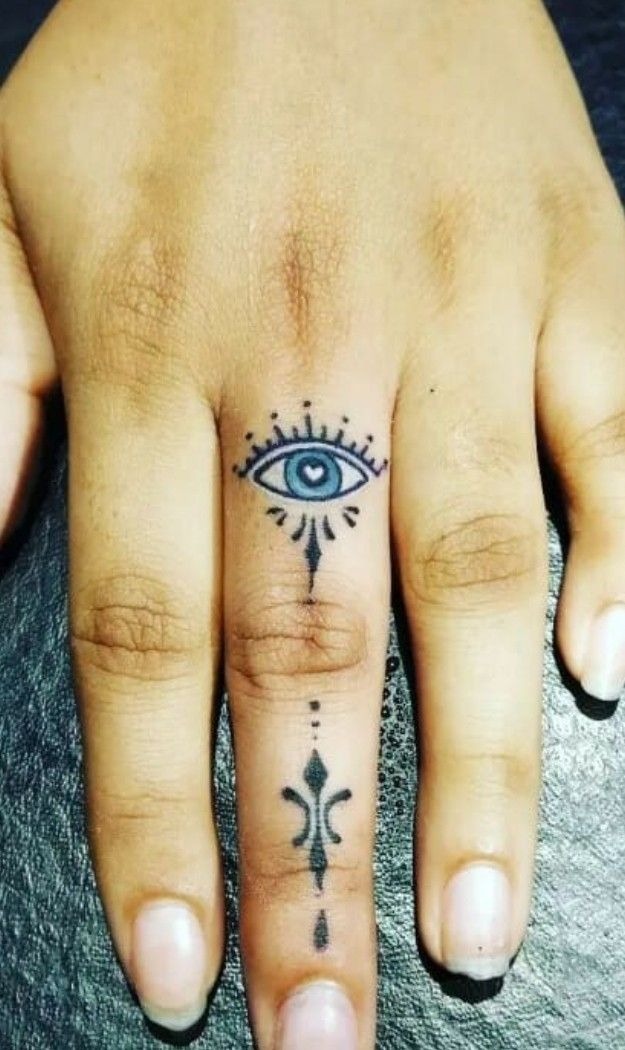 Finger Evil Eye With Tiny Ornamental Drops Tattoo Design