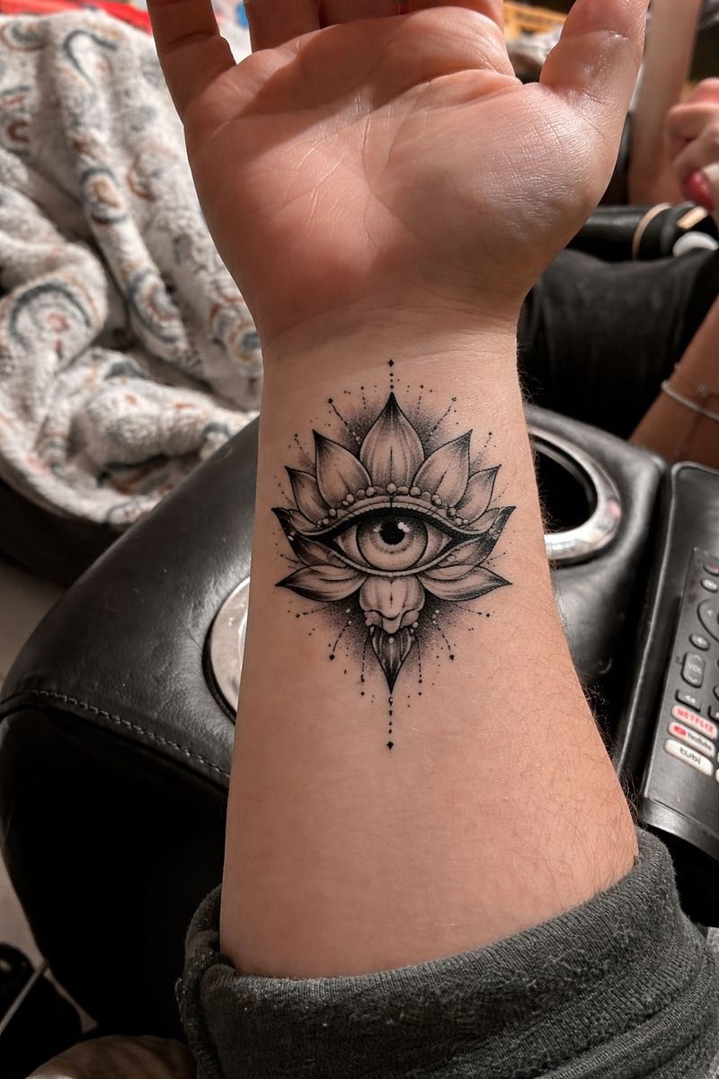 Ornamental Wrist Evil Eye With Lotus Petals Tattoo Design