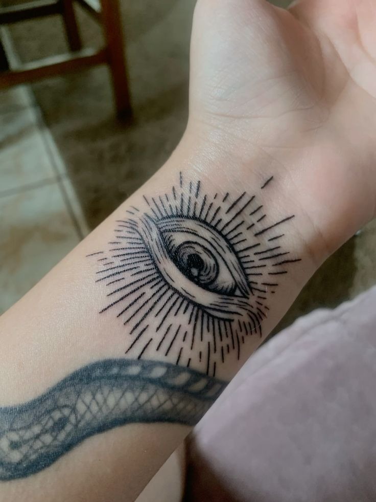 Radiant Blackwork Evil Eye on the Wrist Tattoo Design