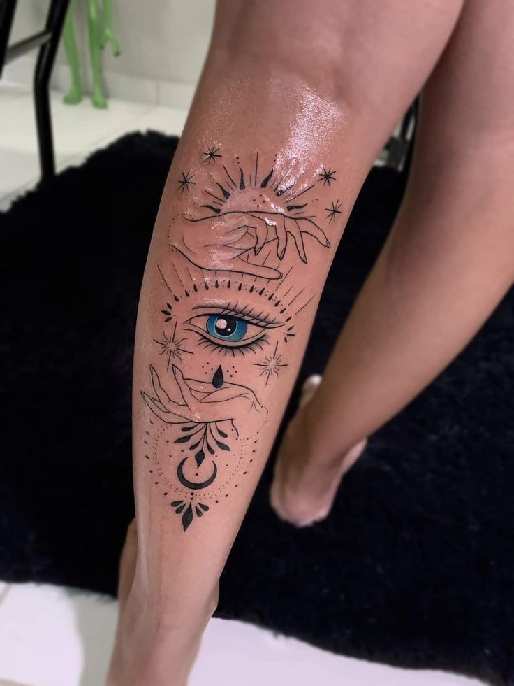 Statement Evil Eye With Hands, Stars, and Crescent Tattoo Design