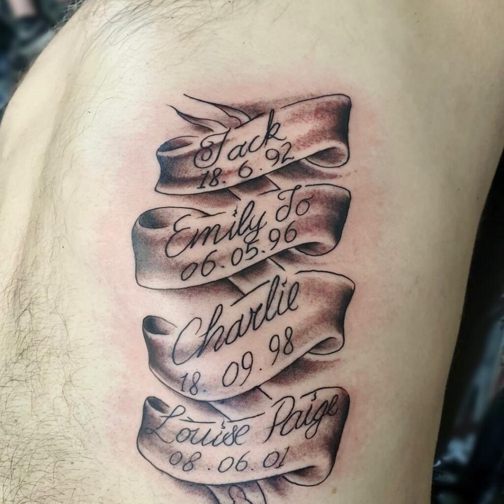 Family Ribbon Name and Date Tattoo Tattoo Design