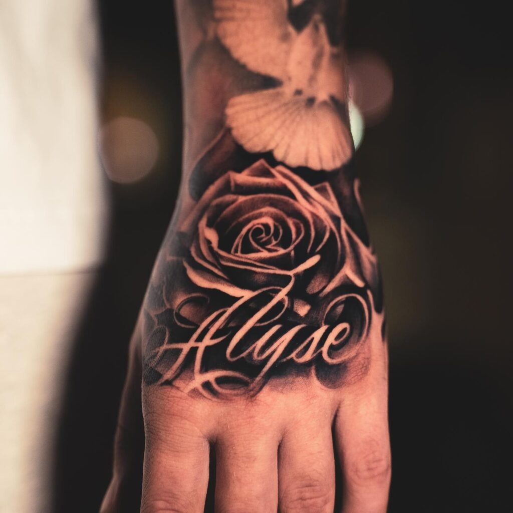 Rose and Dove Name Tribute Tattoo Tattoo Design
