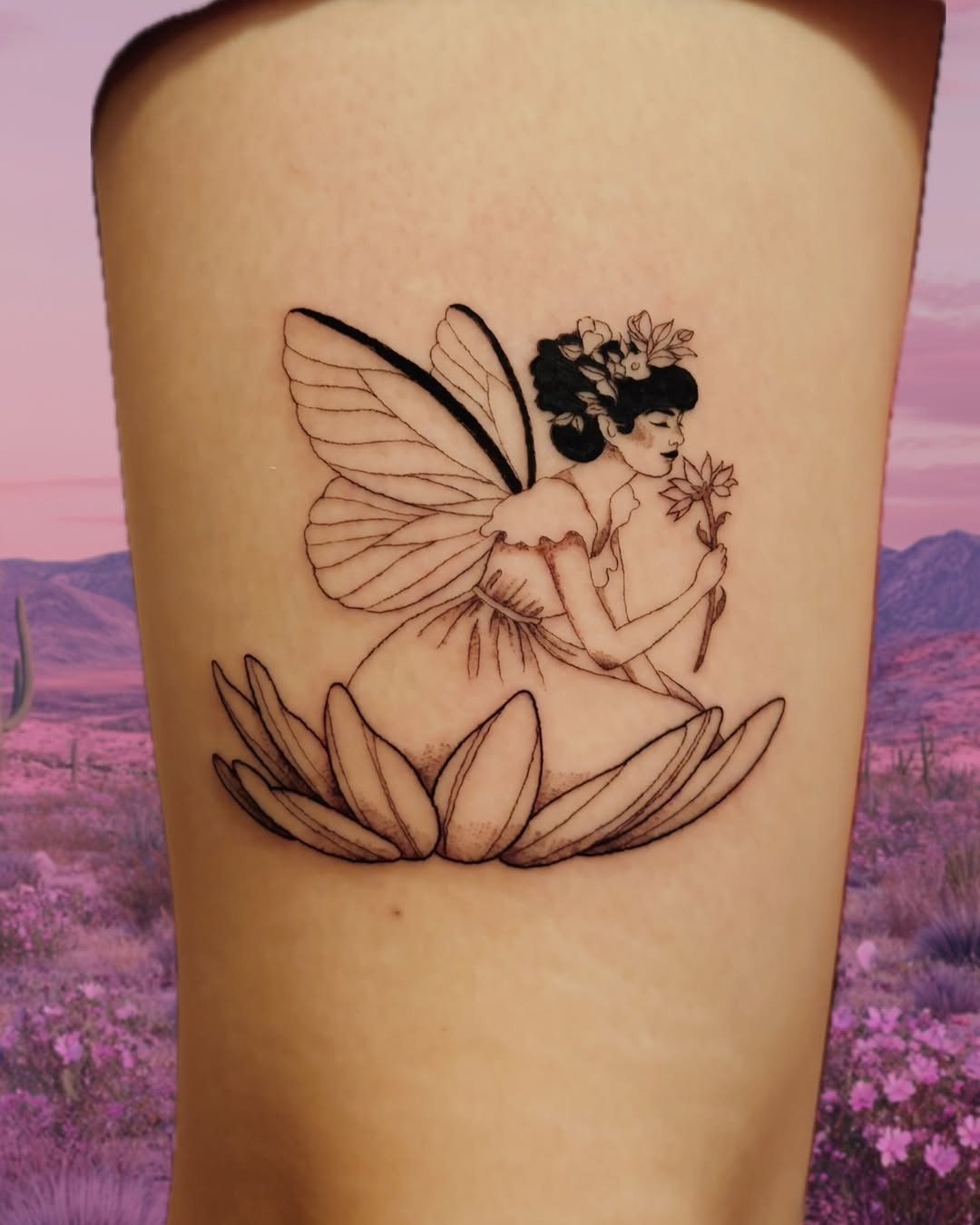 Delicate fairy surrounded by lotus flowers Tattoo Design