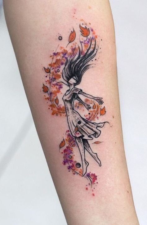 Autumn Dancer in Watercolor Leaves Tattoo Design