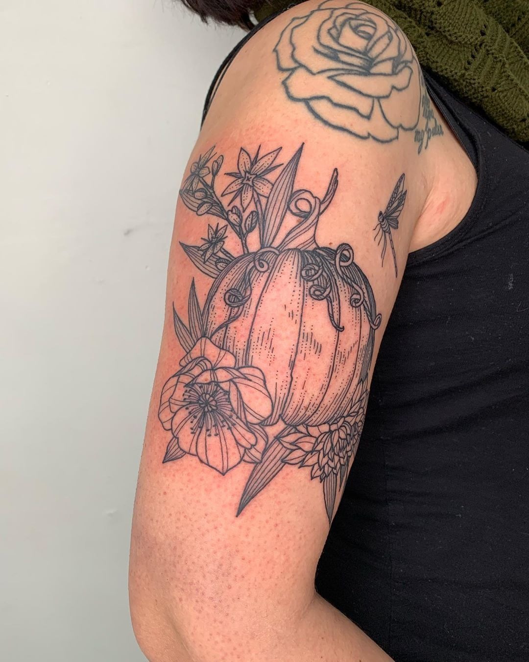 Botanical Pumpkin Linework Tattoo Design