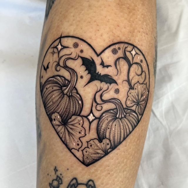 Heart of Pumpkins and Bats Tattoo Design
