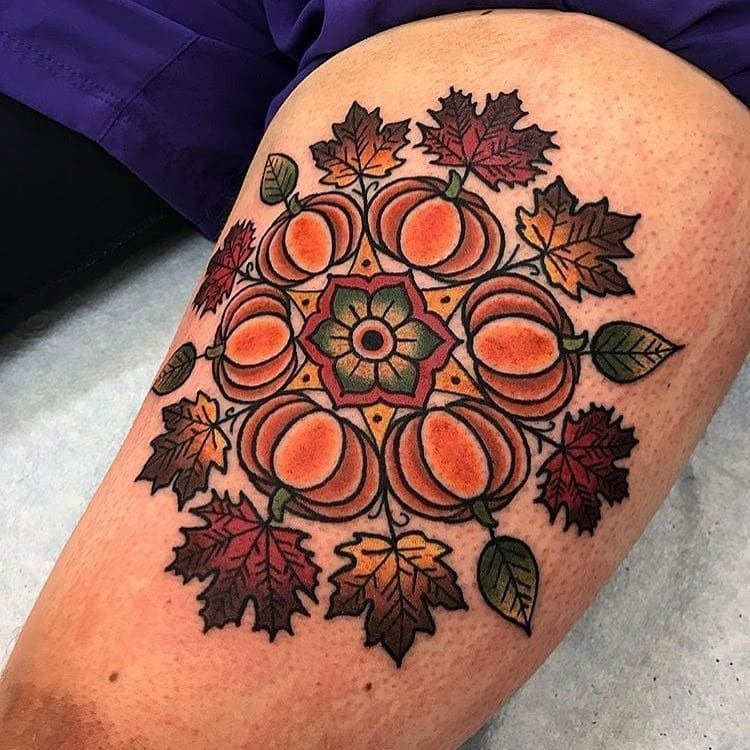 Mandala of Pumpkins & Maple Leaves Tattoo Design