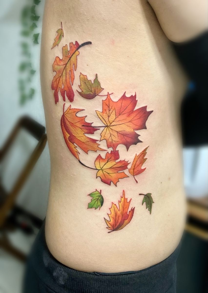 Sleeve of Floating Autumn Leaves Tattoo Design