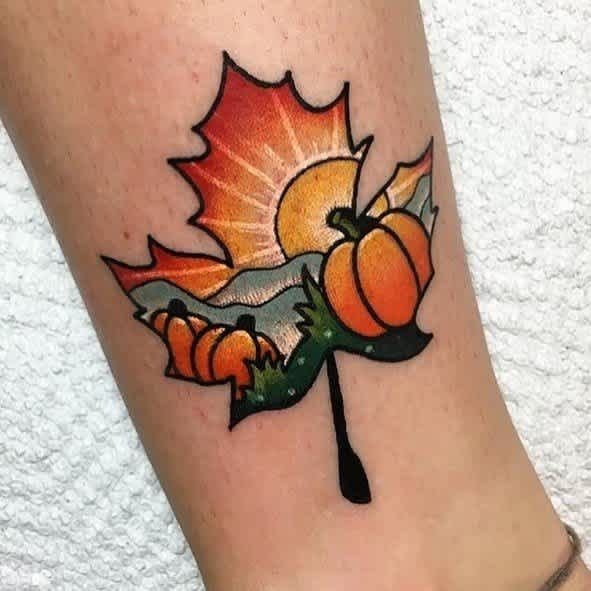 Sunset & Pumpkins in a Leaf Tattoo Design