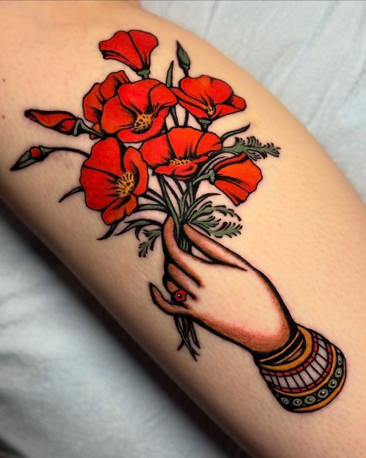 Vintage Hand & Poppy Bouquet Tattoo Design