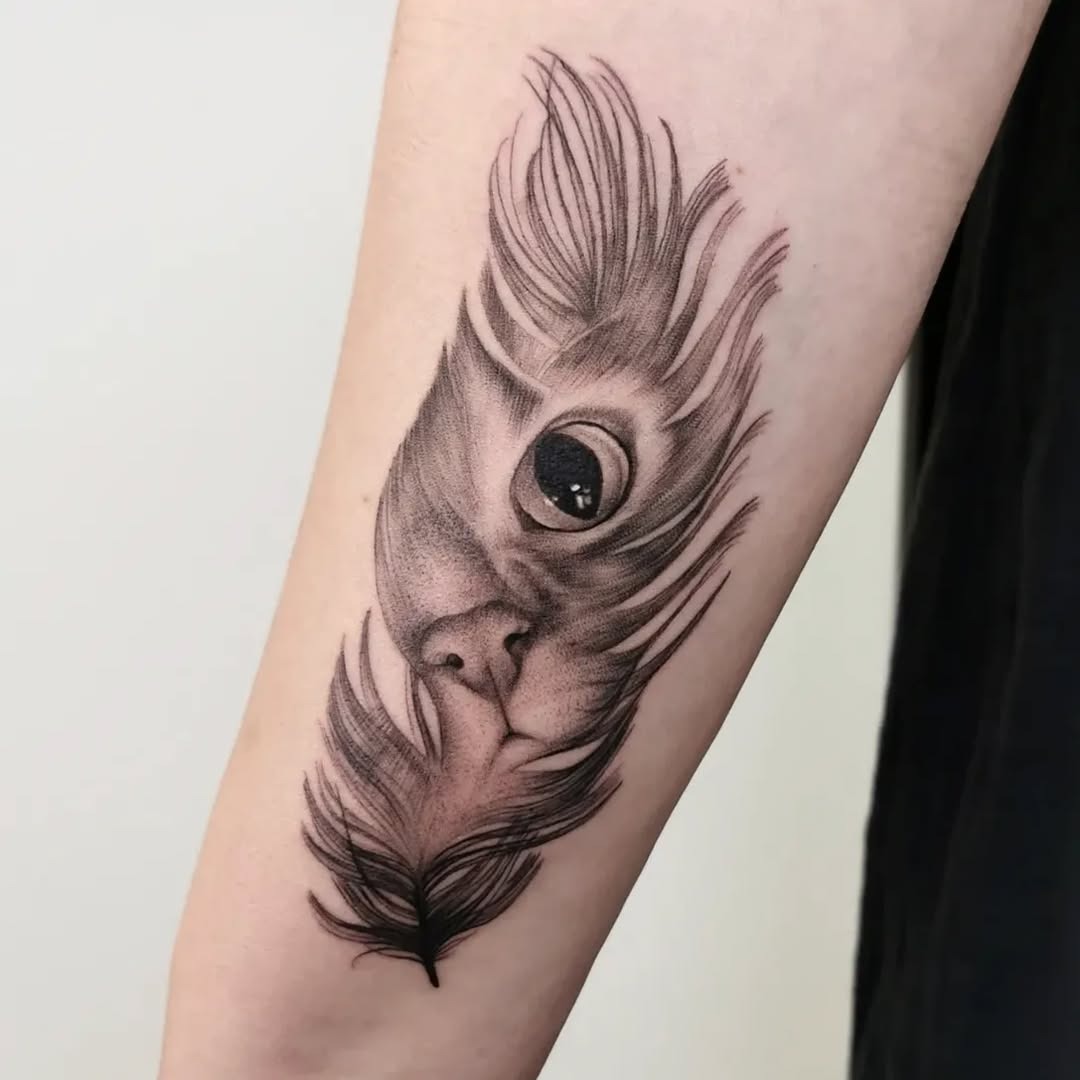 Intricate feather tattoo blending face and nature Tattoo Design