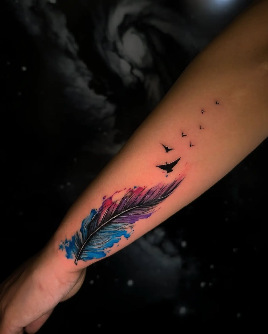 Vibrant feather tattoo with flying birds Tattoo Design