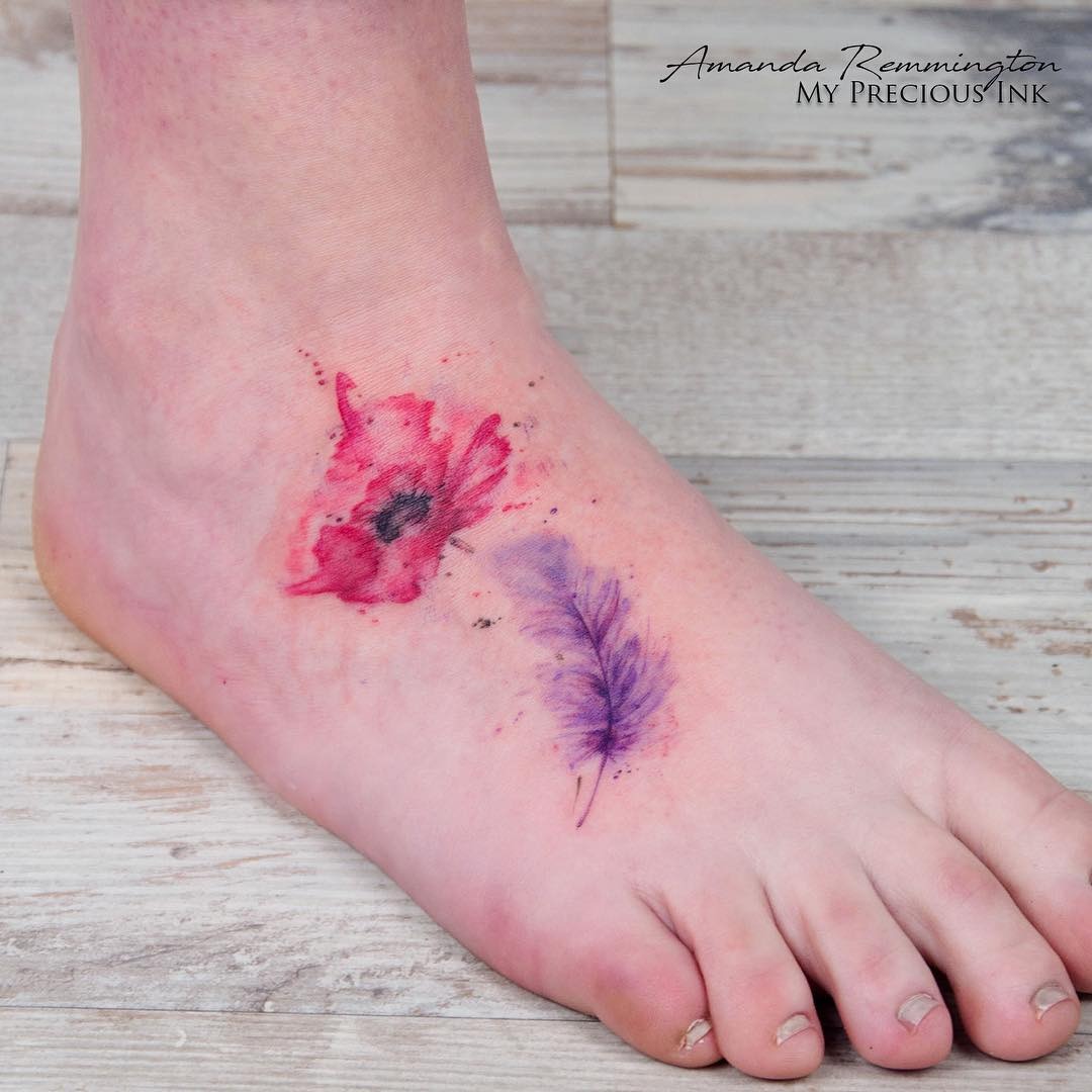 Vibrant flower and feather tattoos on the ankle Tattoo Design