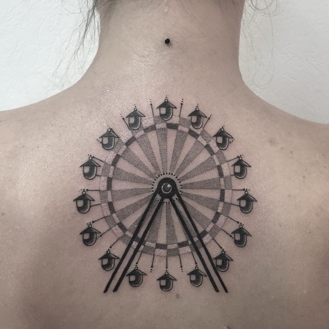 Stylish Ferris Wheel Tattoo on the Back Tattoo Design