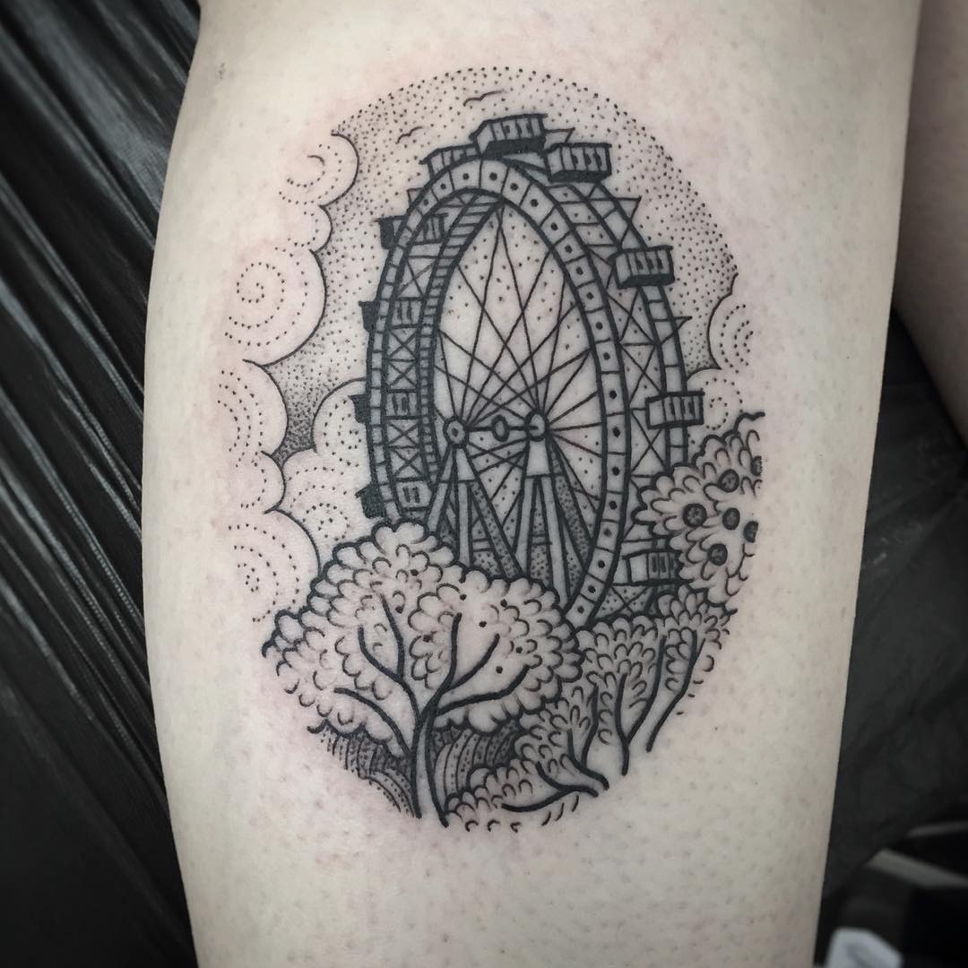 Whimsical Ferris Wheel Tattoo with Nature Elements Tattoo Design