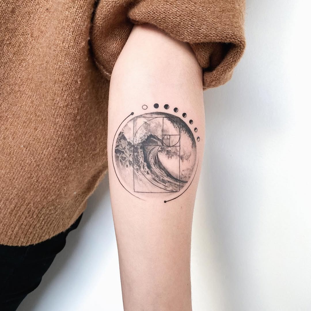 Fibonacci-inspired wave tattoo with geometric touch Tattoo Design