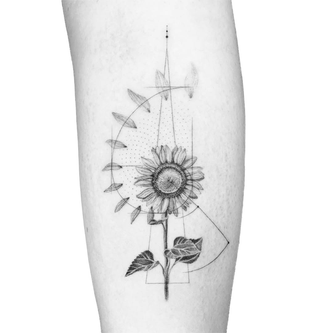 Geometric sunflower tattoo inspired by Fibonacci Tattoo Design