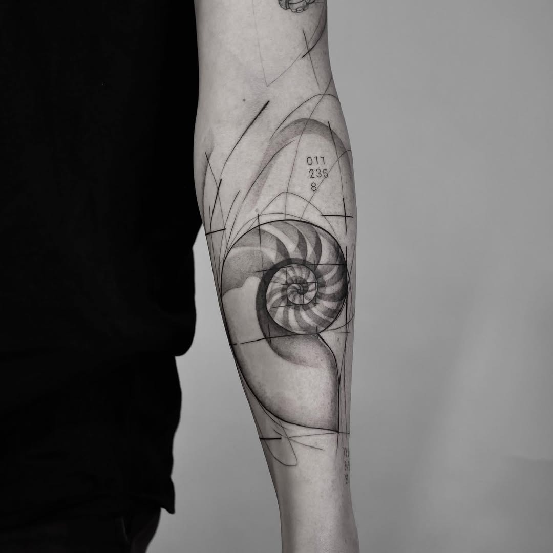 Intricate geometric design featuring a Fibonacci spiral. Tattoo Design